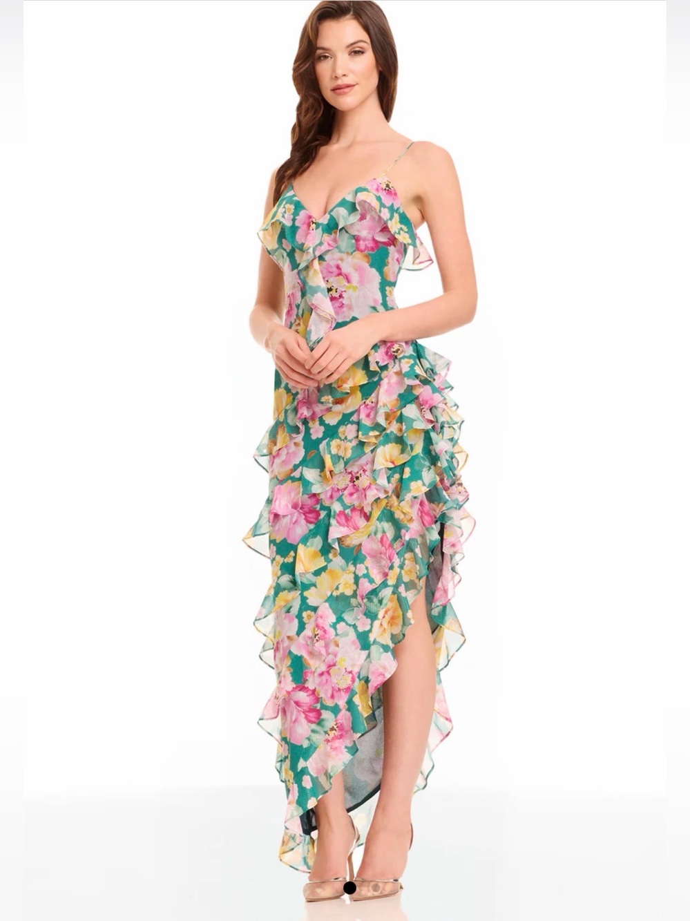 Dress the Population Pine Multi Floral Ruffle High Low Dress Large NWT